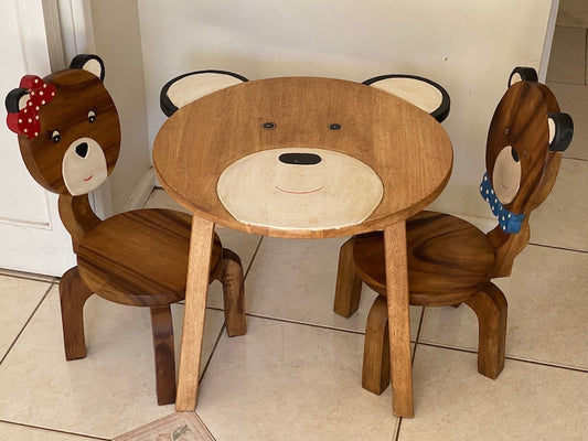 Children's furniture Set Bear Table and 2 Chairs -natural wood handmade and solid build